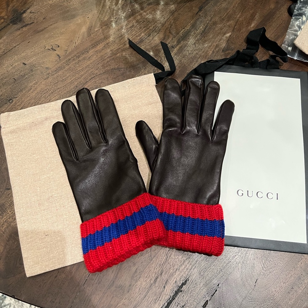 Dark Brown Gucci Gloves with Red and Blue Web 10